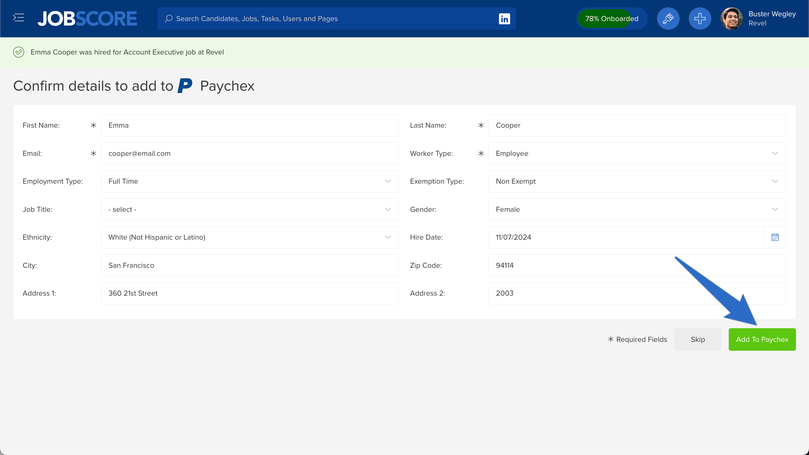 Confirm what information about hired candidates you want to add to Paychex