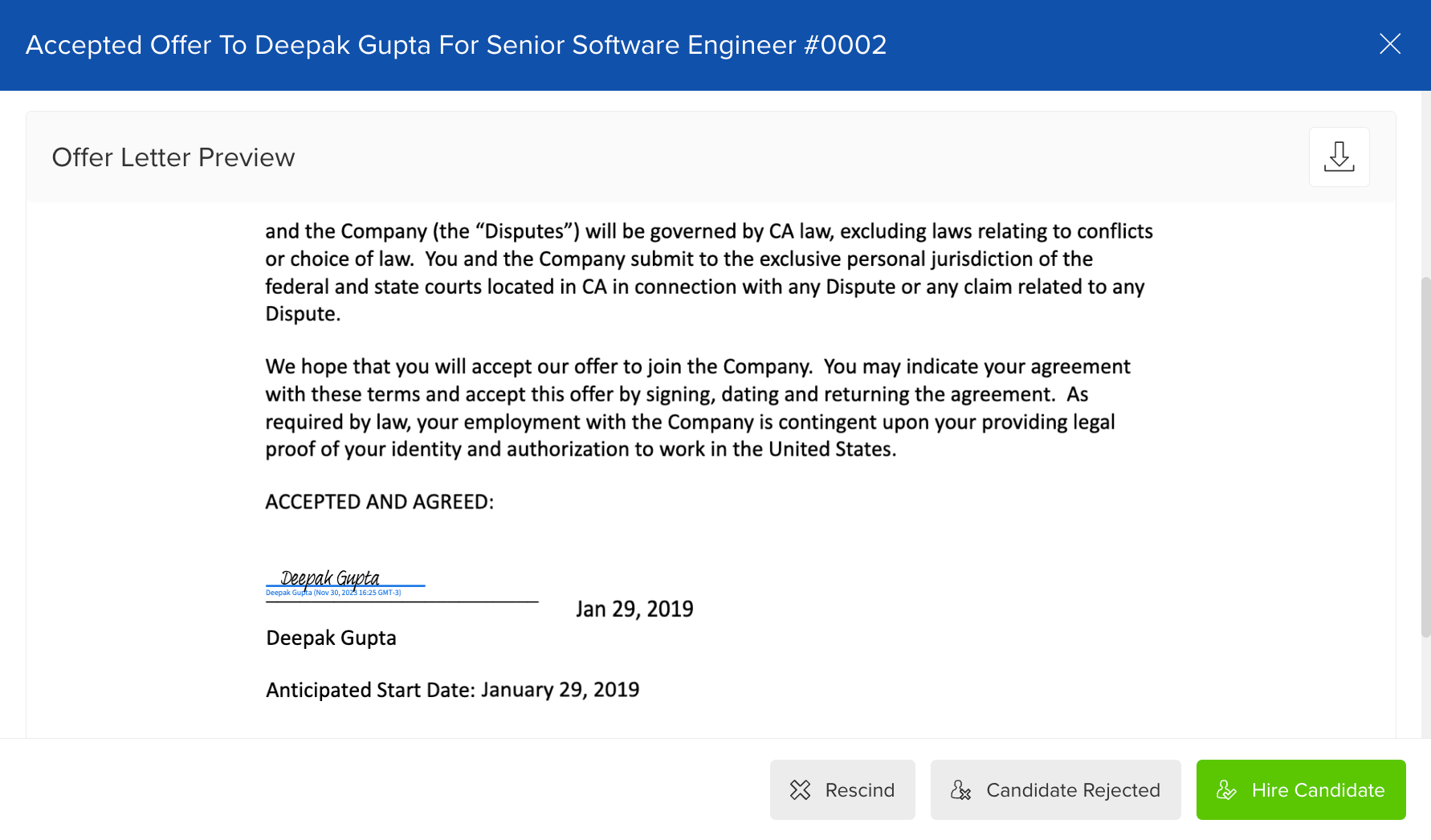 Signed candidate offer letter from Adobe Acrobat Sign stored in JobScore ATS