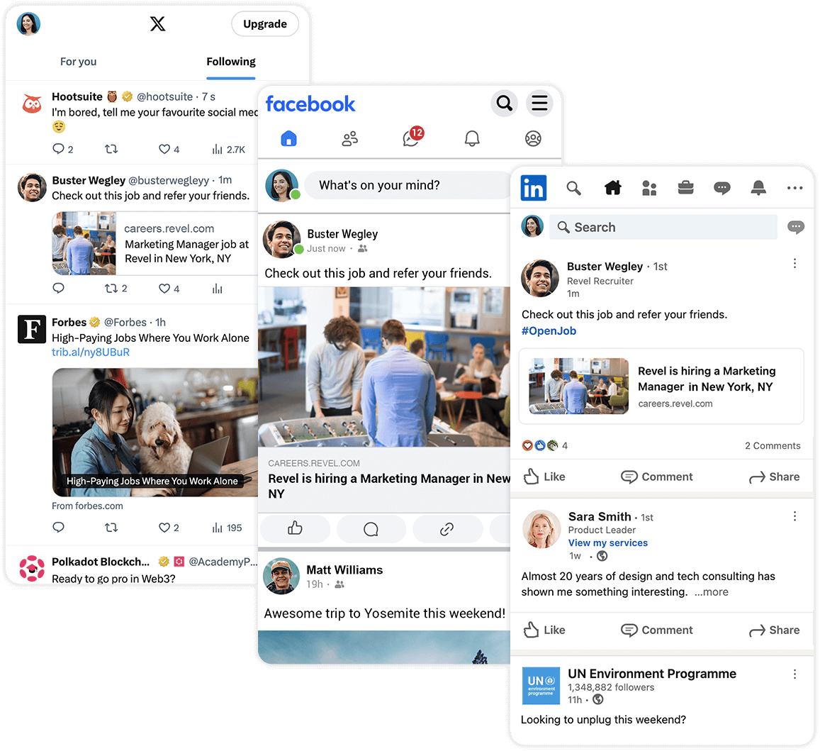 Social recruiting postings on Twitter, Facebook, and LinkedIn.