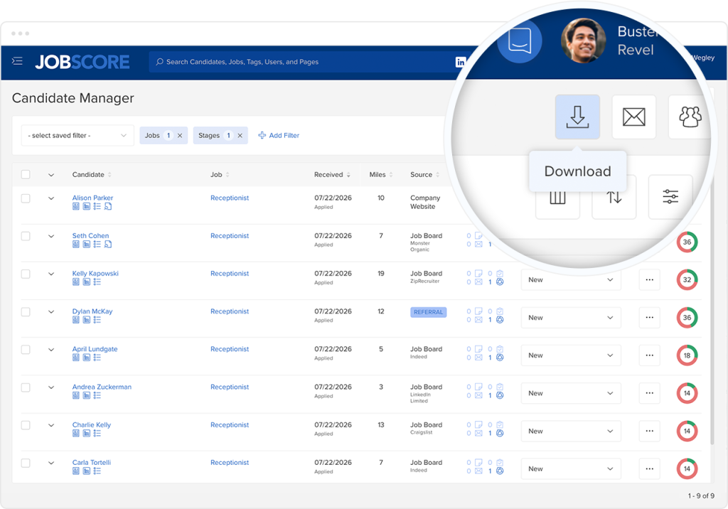 Magnified download link on JobScore recruiting software Candidate Manager page.