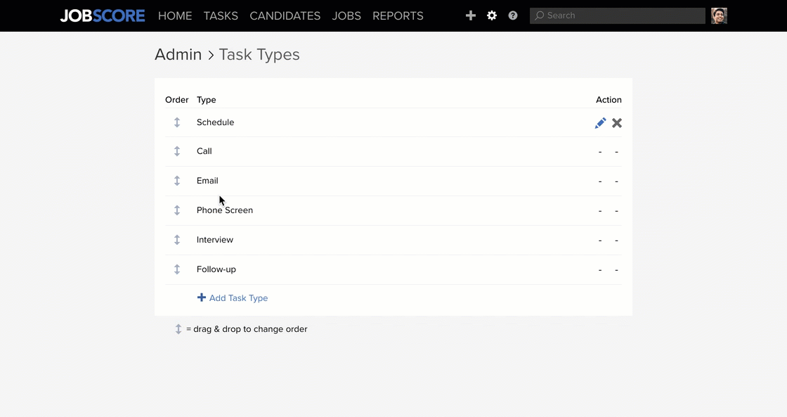 admin task type page with the admin menu opened