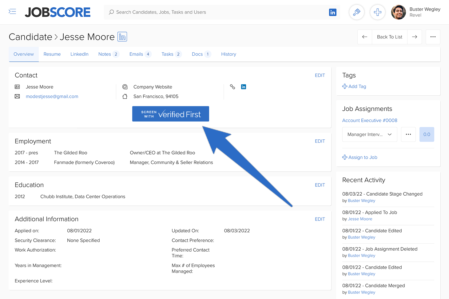 JobScore candidate profile with a Verified First background check button via the integration