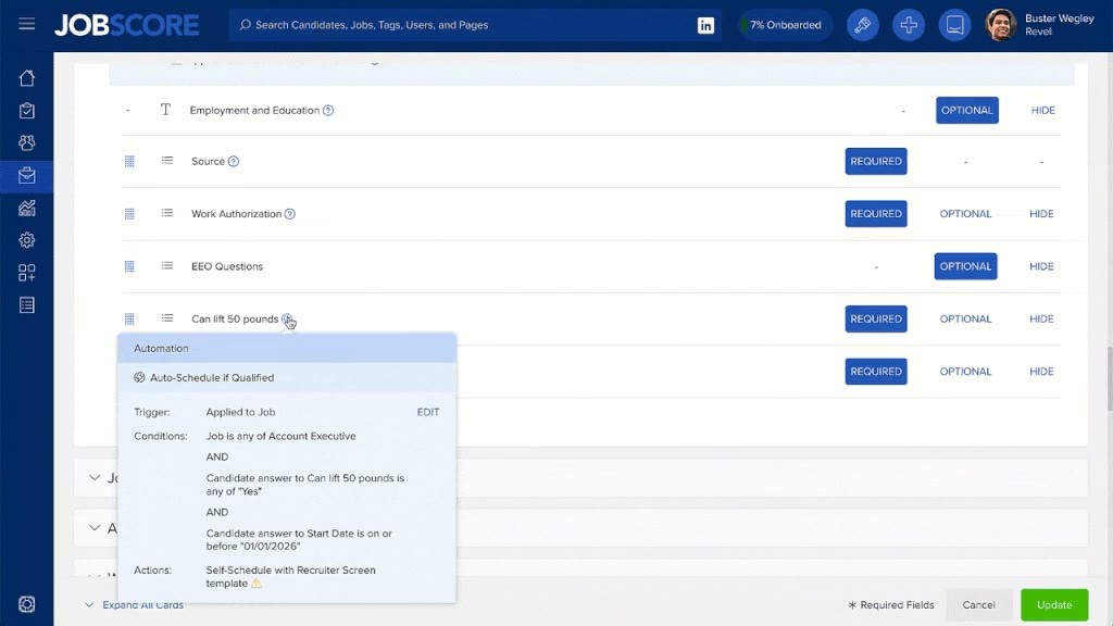 JobScore knock-in questions view showing candidate answers on a job application