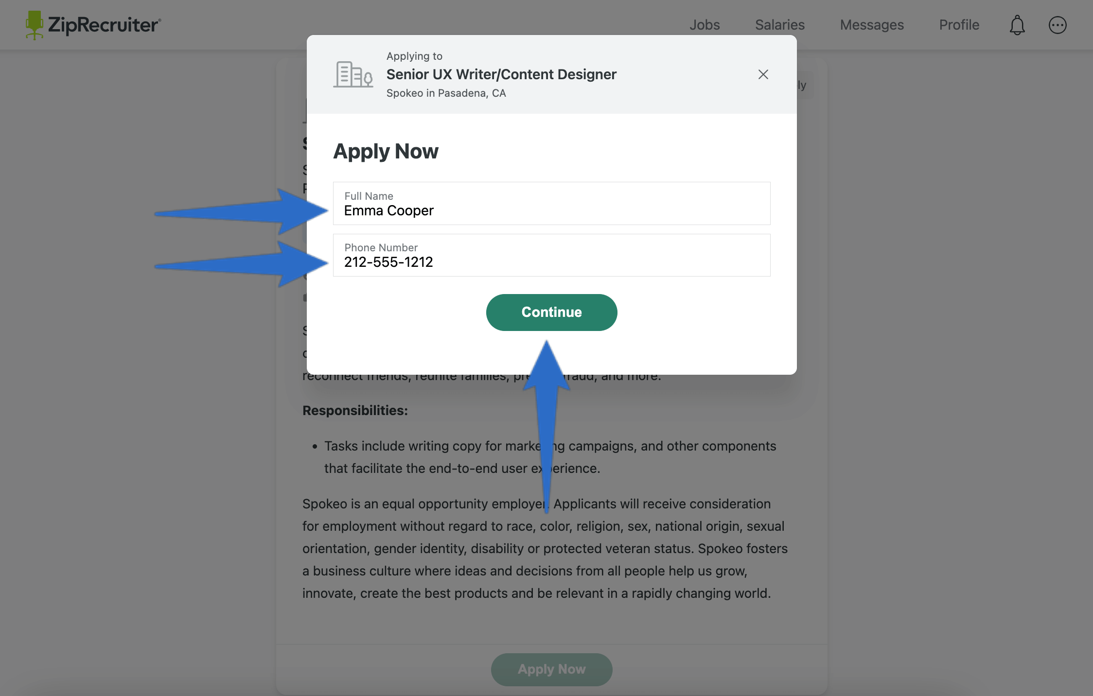 JobScore application form reproduced on the ZipRecruiter apply page with ZipRecruiter profile information populated