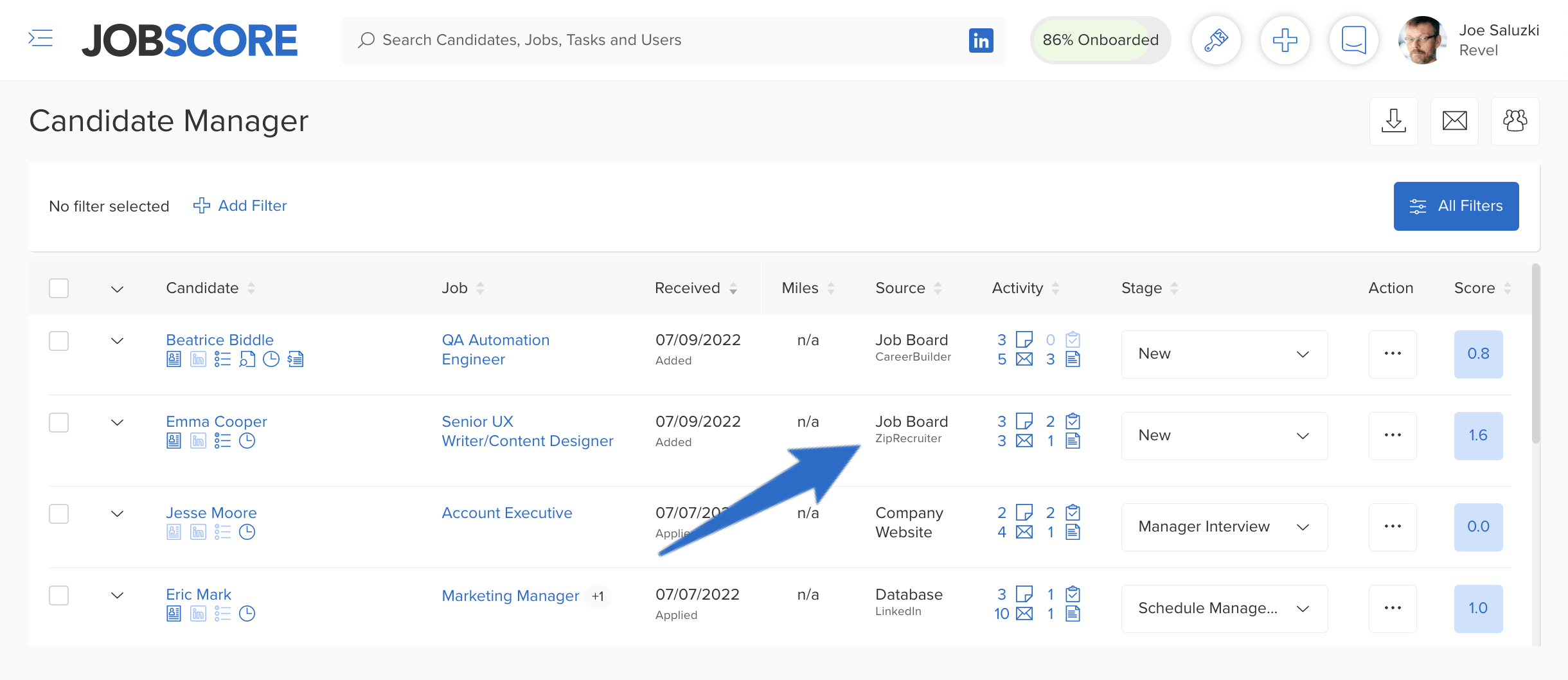 JobScore recording ZipRecruiter as the applicant source