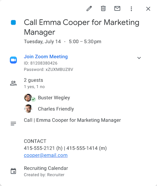 Calendar event from JobScore with a direct link to join the scheduled interview on Zoom