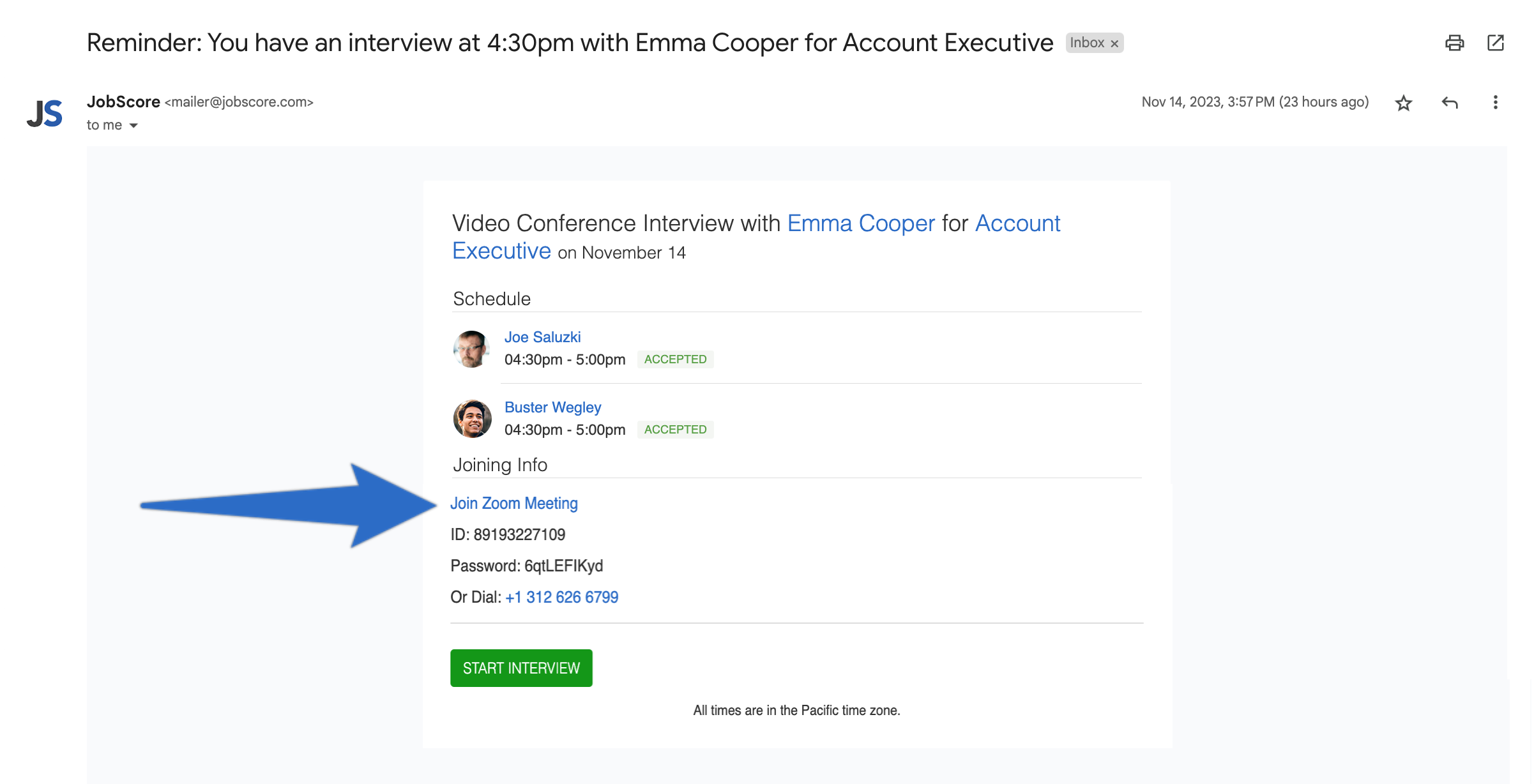 JobScore interview notification email with a one-click Zoom join link