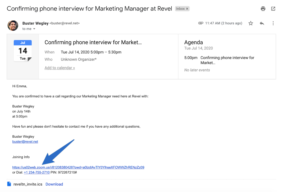 JobScore interview invitation email showing an embedded Zoom video conferencing link